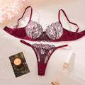 WineRed color fairy lace floral alluring underwear set for ladies, sexy nightwear, fancy lingerie, sheer style ZA825172