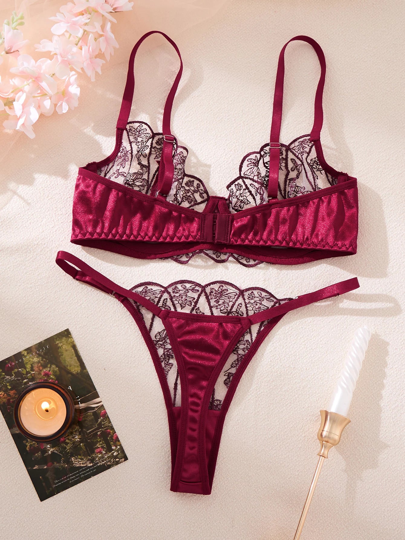 WineRed color fairy lace floral alluring underwear set for ladies, sexy nightwear, fancy lingerie, sheer style ZA825172